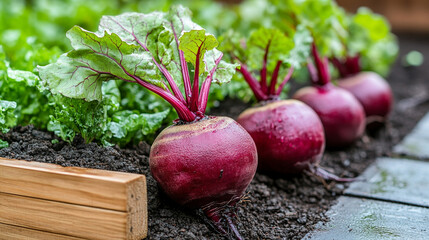  fresh, vibrant beetroots growing in a garden bathed in sunlight, highlighting their rich color and healthy growth in a natural setting