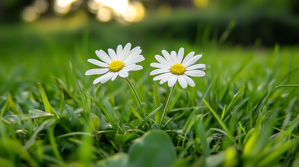 Two daisies growing on the grass, close up, green background, sunlight exposure, shallow depth of field, macro lens, natural light, fresh and elegant colors