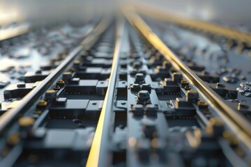 Aufkleber - A close up view of a train track with rails and wooden ties, suitable for use in travel or infrastructure illustrations