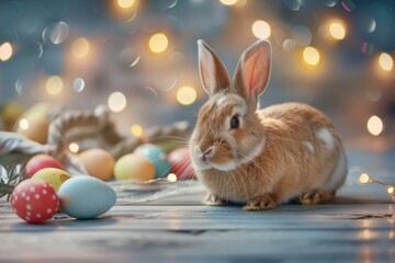 Aufkleber - A rabbit sitting next to a basket of fresh eggs