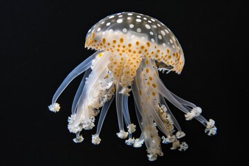 Poster - A single jellyfish floating in the dark blue water, suitable for use as an abstract background or to illustrate ocean-related themes