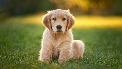 Cute Golden Retriever Puppy Sitting on Grass Shallow Focus Vertical Shot