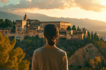 Poster - A person overlooking the cityscape from a balcony, great for urban lifestyle or architecture concepts