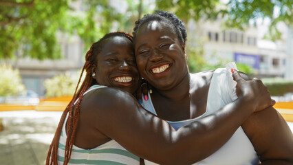 Poster - Women friends in an urban park hugging and smiling together showcasing the warmth and joy of friendship outdoors