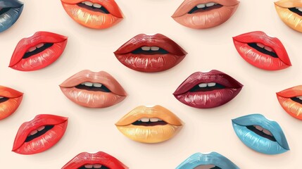 Colorful lips pattern illustration with vibrant hues showcasing diverse lip shapes and expressions on a soft background