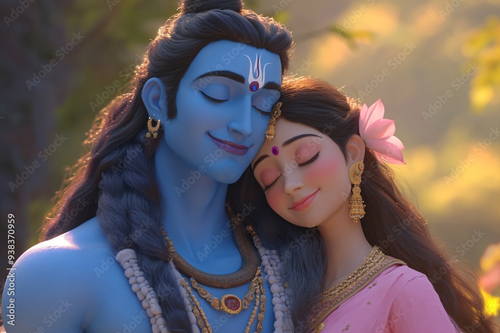 Radha and Lord Krishna with on sunrise Krishna Janmashtami Govardhan