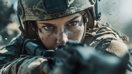 female soldier in combat gear focused on the mission during a tense moment in a war zone