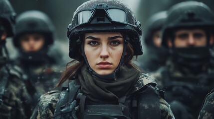 female soldier in combat gear focused on the mission during a tense moment in a war zone