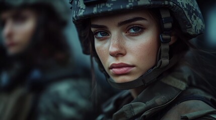 Wall Mural - female soldier in combat gear focused on the mission during a tense moment in a war zone