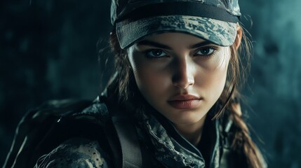 Wall Mural - female soldier in combat gear focused on the mission during a tense moment in a war zone