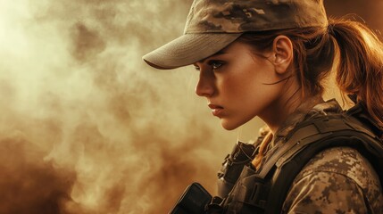 Wall Mural - female soldier in combat gear focused on the mission during a tense moment in a war zone