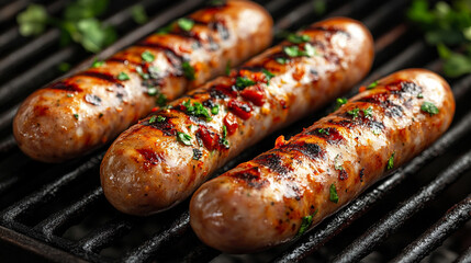 Hot, tasty grilled sausages sizzling on a charcoal grill with smoke rising, evoking a sense of warmth, outdoor cooking, and the rich, savory aroma of perfectly cooked meat