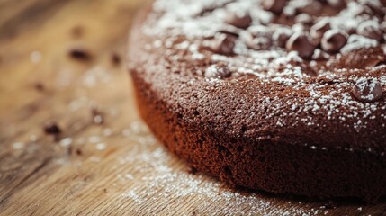 Chocolate cake on wood in detail