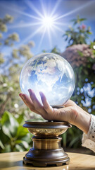 Hand of a fortune teller above a glowing mystical globe focusing on forecasting and divination in an enchanted room