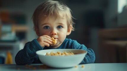 Adorable toddler eating breakfast cereal at home