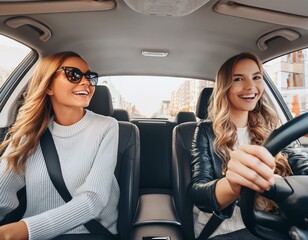 Stylish female friends driving on a urban road with one girl at the wheel and the other laughing beside her.