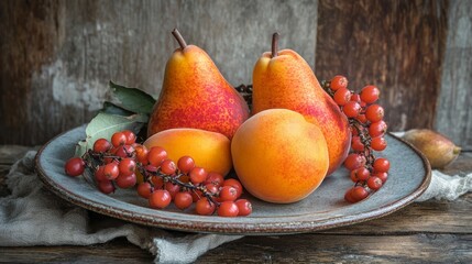 Wall Mural - Fruity platter: Peaches, pear, sea buckthorn on wood.