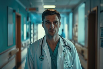 Poster - A doctor or medical professional standing in a hospital corridor, possibly on duty