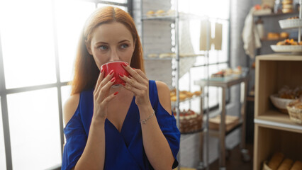 Young, attractive, redheaded woman sipping coffee in a cozy indoor bakery with shelves of pastries and sunlight pouring through the windows