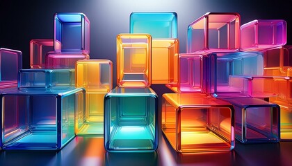 Wall Mural - Vibrant 3D cubes and rectangles in a glass-inspired geometric form. Abstract decorative pieces.