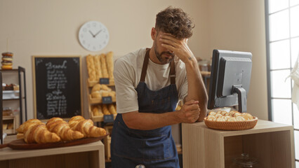 Young man in a bakery looking stressed in front of a computer surrounded by croissants and bread displays