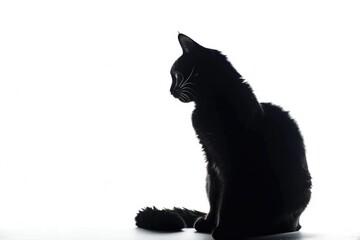 Poster - A black cat sits calmly on a clean white surface