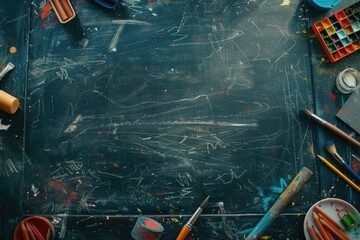Poster - Paint brushes and artistic tools on a blackboard, great for education or creative projects
