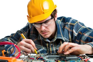 A worker in a hard hat is assembling or repairing electronic components on a circuit board