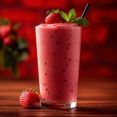 Wall Mural - Glass of strawberry smoothie with a straw, fresh strawberries and mint garnish on a wooden surface with blurred red brick background.