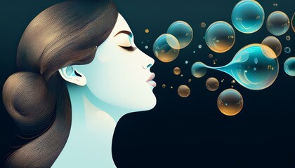 Woman blowing soap bubbles, portrait silhouette illustration. Elegant profile portrait of a young beautiful woman