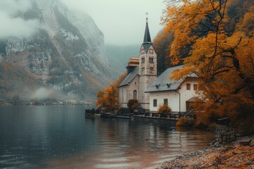 Wall Mural - A peaceful scene with a church situated on the shoreline of a serene lake