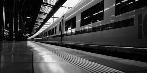 Poster - A black and white photograph of a train at a train station