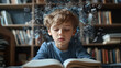© Vivid_Vision - Photo of a child trying to focus on a book, while graphic swirling text, images, and abstract shapes float around their head, representing distractions and overactive thoughts.