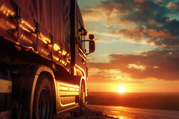 Poster - A semi-truck driving on a road during sunset, with warm lighting and long shadows