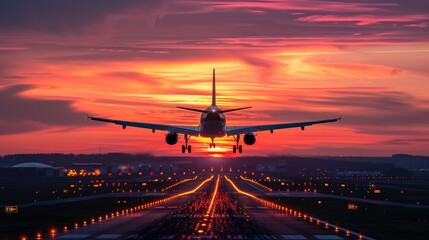 Poster - Aircraft departing from an airport in the evening, with the sun setting behind