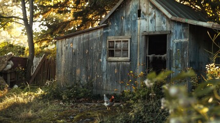 Poster - A chicken stands by the door of a shed