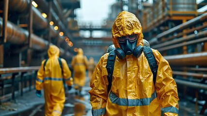 Wall Mural - working cleaning in a hazardous manufacturing workshop environment contaminated safety and protection with a toxic chemical gas leak safety team