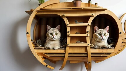 Wall Mural - Creative wooden home for cats, Cute kitty in pet booth that indoors in the modern domestic room	