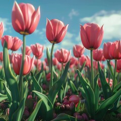 Poster - A field of pink tulips in full bloom under a clear blue sky