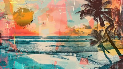 Vibrant digital artwork of a tropical beach with a stunning sunset, palm trees, and bold abstract colors.