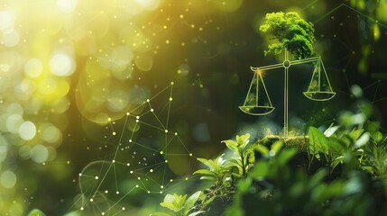 Wall Mural - A tree growing on top of a scales of justice in a forest with a bokeh background.