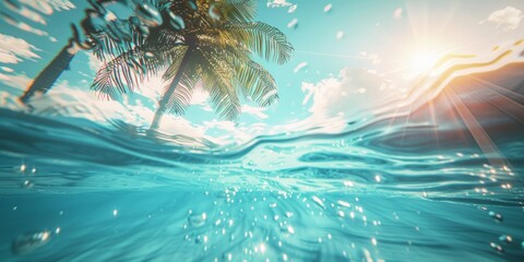 split of blue sky and underwater ocean seascape background, clear water with sunshine