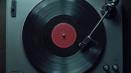 Poster - A close-up shot of a vintage-style record player with a playing red vinyl record on top