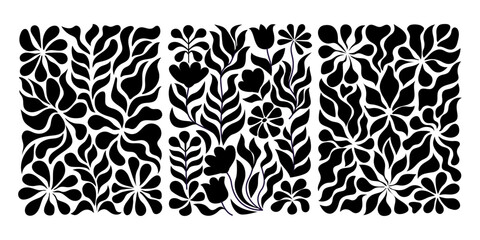 groovy abstract flower posters. floral doodle patterns. trendy vector set.