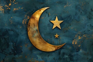 Poster - A golden crescent moon with a star on a bright blue background, often used for decorative purposes or to represent celestial bodies