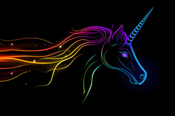 Wall Mural - Neon silhouette of unicorn head with rainbow light trails isolated on black background.