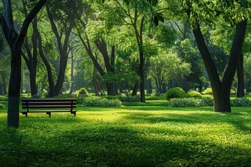 Poster - A wooden park bench surrounded by lush greenery in a peaceful park setting