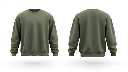 3D rendering of a dark and light green tee sweatshirt and long sleeve sweater mockup shown from the front and back views on a white background cutout for graphic design