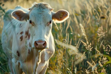 Wall Mural - A cow stands in a green meadow with long, swaying grass