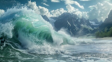 Wall Mural - Greate Wave in ocean, tsunami crushing seashore